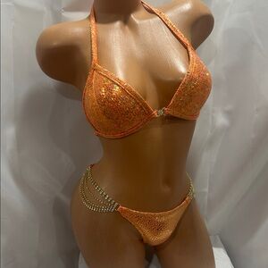 competition bikini posing suit ORANGE GLASS 34ACUP padded SMALL BOTTOM  HANDMADE